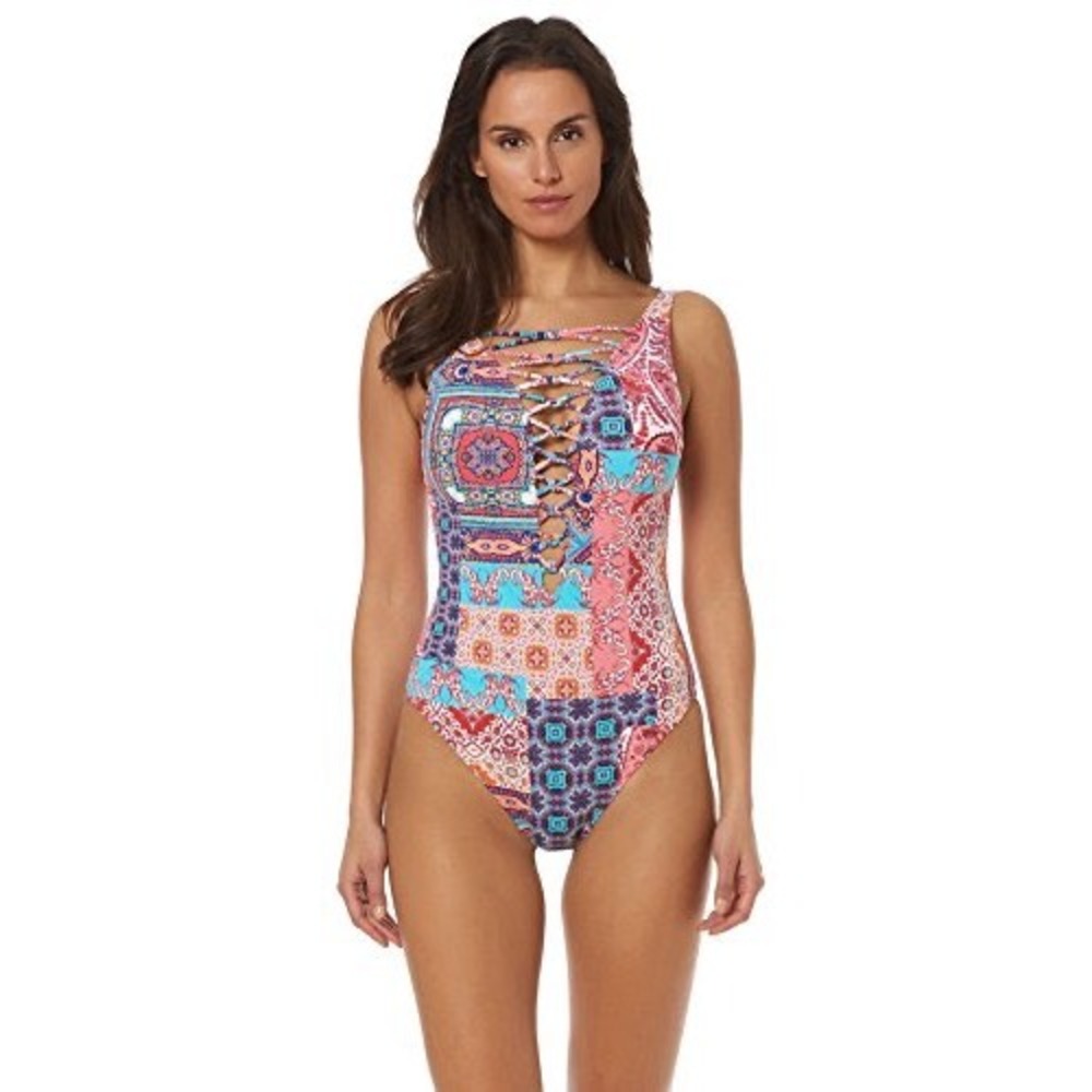 Bleu Rod Beattie Paisley‎ Patchwork Lace Up One Piece Swimsuit Womens 10 Multi